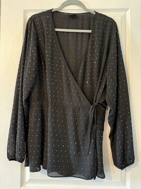 Wrap Front Long Sleeve Blouse in Black with Shiny Dot Accent - City Chic - M/18